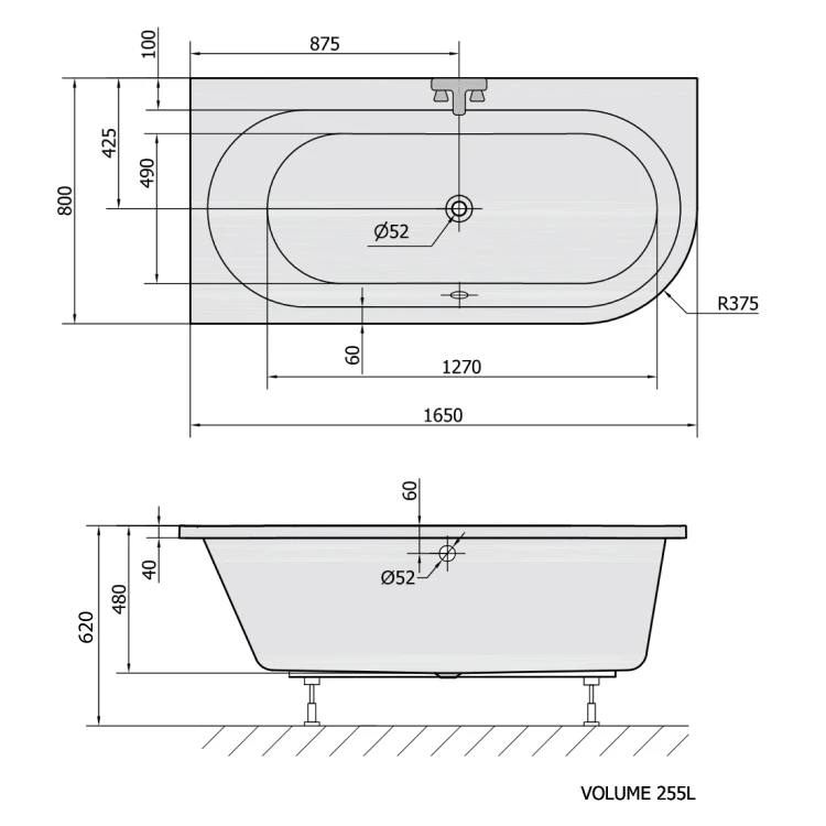 Rysunek techniczny - ASTRA L wanna asymetryczna 165x80x48cm, biały