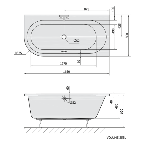 Rysunek techniczny - ASTRA R wanna asymetryczna 165x80x48cm, biały