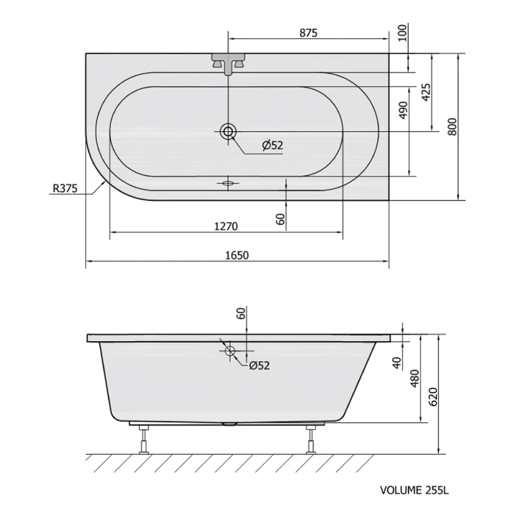 Rysunek techniczny - ASTRA R wanna asymetryczna 165x80x48cm, biały