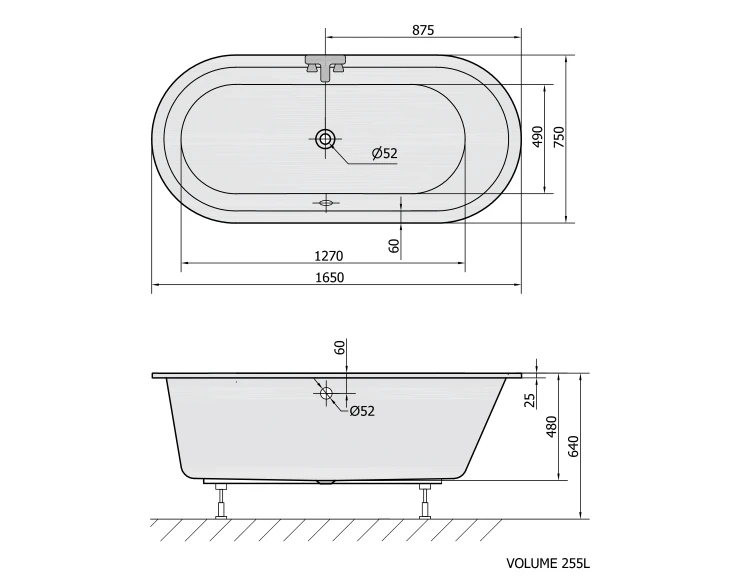 Rysunek techniczny - ASTRA O wanna owalna 165x75x48cm, biały