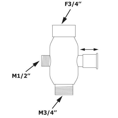 Rysunek techniczny - Przełącznik kolumny prysznicowej F3/4"-M1/2 »xM3/4«, chrom (ANTEA, VANITY, AXIA)