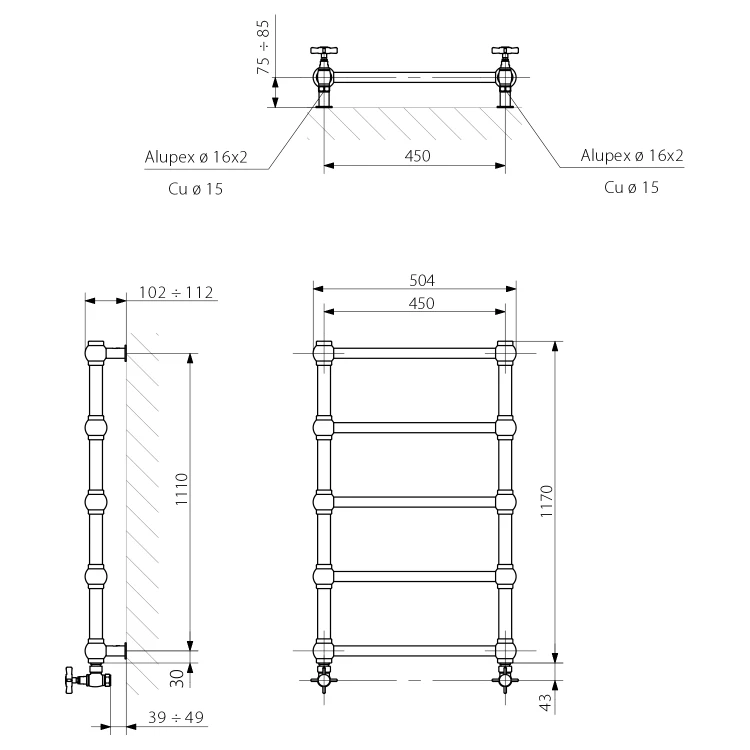 Rysunek techniczny - PARIDA grzejnik łazienkowy 504x1170mm, brąz