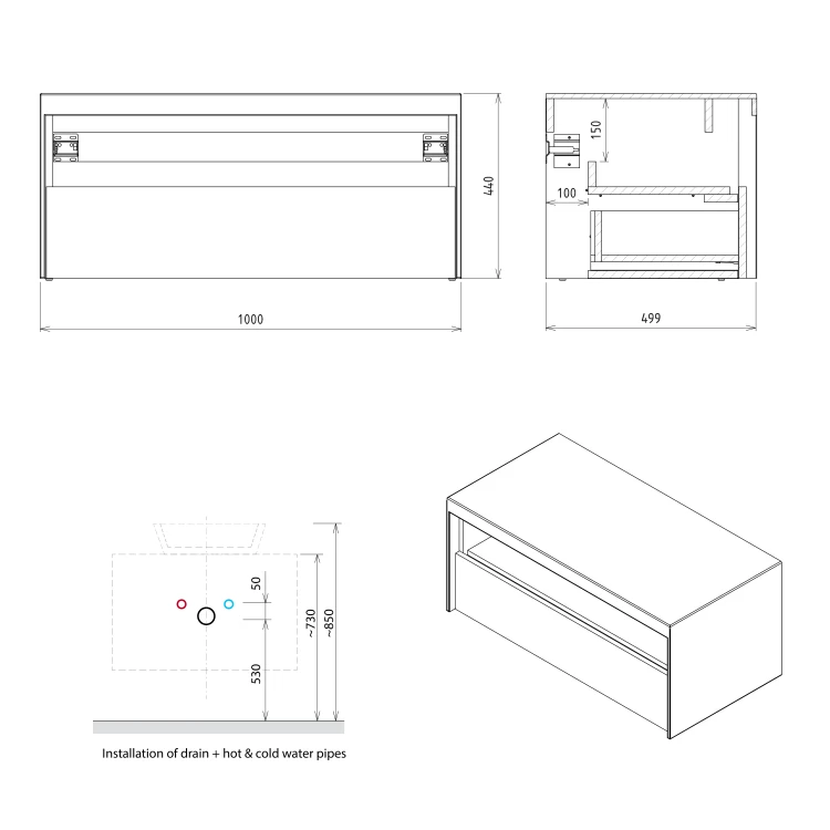 Rysunek techniczny - VIERA szafka umywalkowa 100x44x50cm, biały mat/dąb Alabama