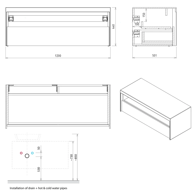 Rysunek techniczny - VIERA szafka umywalkowa 120x44x50cm, biały mat/dąb Alabama