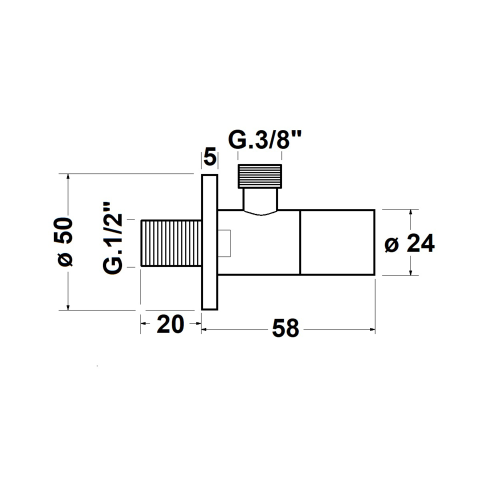 Rysunek techniczny - Zawór kątowy z nakrętką, okrągły,  1/2"x 3/8", złoto mat