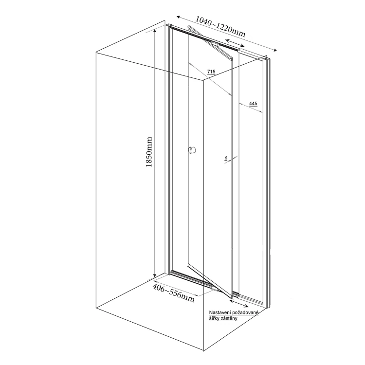 Rysunek techniczny - AMICO drzwi prysznicowe zawiasowe 1040-1220x1850mm, szkło czyste