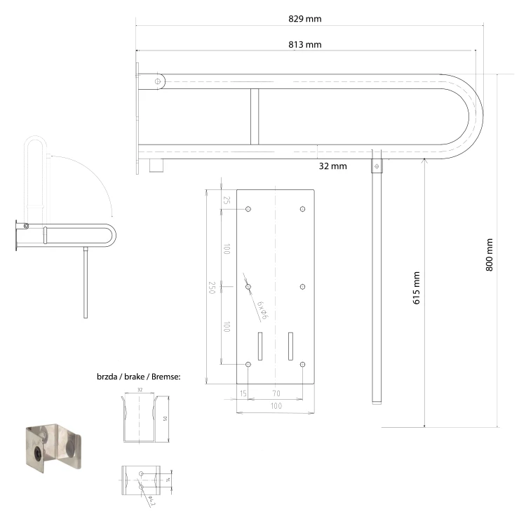 Rysunek techniczny - HANDICAP poręcz  składana z nogą podporową 813mm, biały