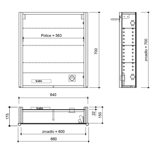 Rysunek techniczny - ALIX szafka z lustrem, oświetlenie LED 66x70x17,5cm, lewa/prawa, dąb Alabama