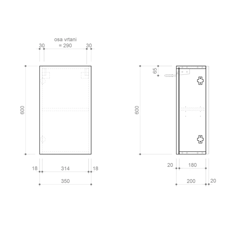 Rysunek techniczny - ESPACE szafka 35x60x22cm, 1 drzwi, lewa/prawa, dąb Alabama