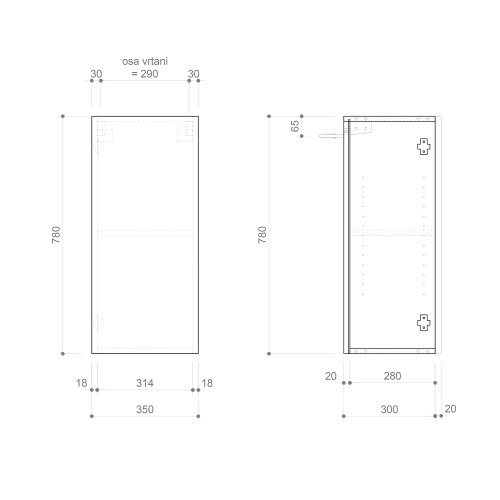 Rysunek techniczny - ESPACE szafka 35x78x32cm, 1 drzwi, lewa/prawa, dąb Alabama