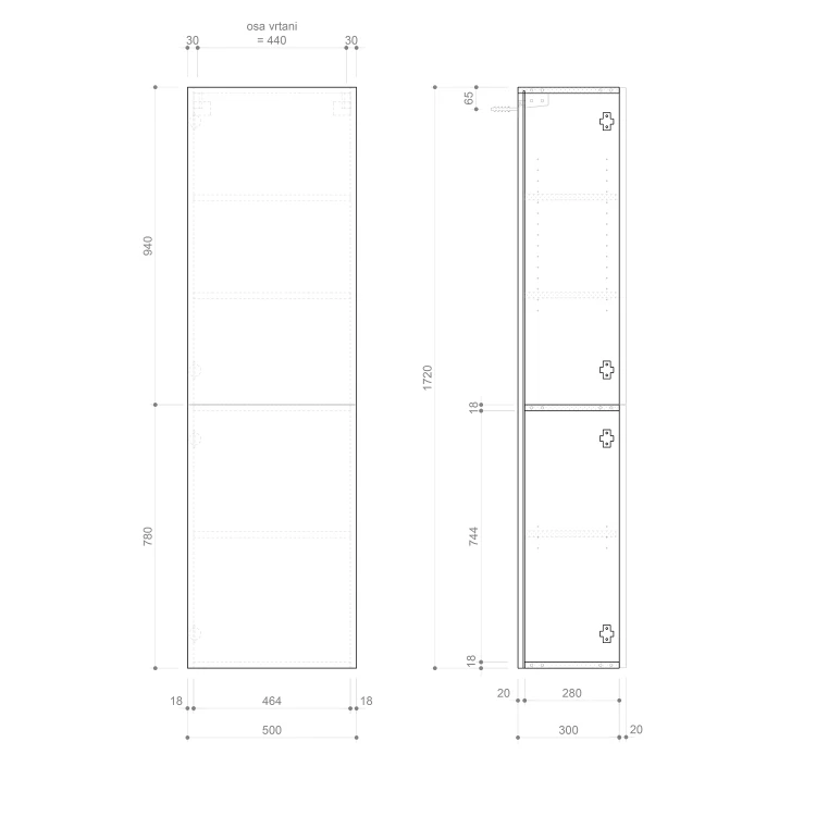 Rysunek techniczny - ESPACE słupek wysoki 50x172x32cm, 2 drzwi, lewa/prawa, dąb Alabama