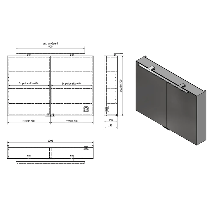 Rysunek techniczny - MIRRÓ szafka z lustrem z oświetleniem LED, 100x70x16cm, dąb Alabama