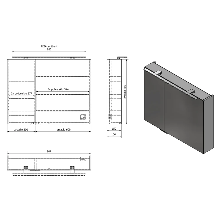 Rysunek techniczny - MIRRÓ szafka z lustrem z oświetleniem LED, 90x70x16cm, dąb Alabama
