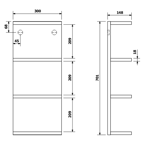 Rysunek techniczny - RIWA regał 30x70x15cm, dąb Alabama
