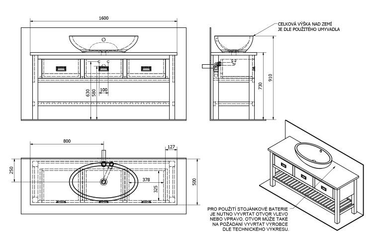 Rysunek techniczny - BRAND szafka pod umywalkę 160x73x50cm, świerk bejcowany