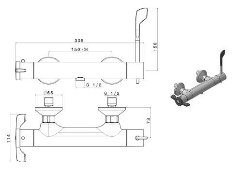 Rysunek techniczny - LEA bateria prysznicowa ścienna, termostatyczna, dźwignia medyczna, chrom