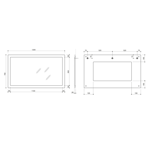 Rysunek techniczny - NIROX lustro w ramie 120x70cm, biały mat