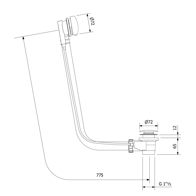 Rysunek techniczny - Zestaw odpływowy z korkiem automatycznym, długość 775mm, korek 72mm, złoty szczotkowany