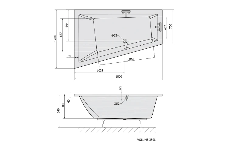 Rysunek techniczny - TRIANGL L wanna asymetryczna 180x120x50cm, biały