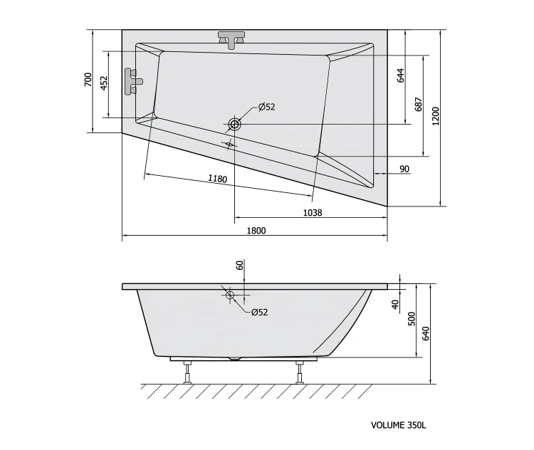 Rysunek techniczny - TRIANGL R wanna asymetryczna 180x120x50cm, biały