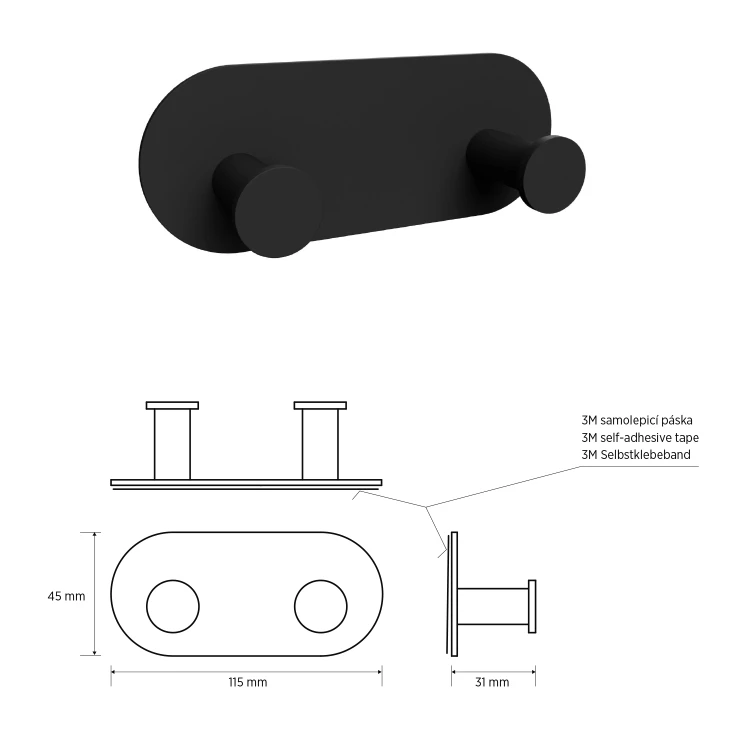 Rysunek techniczny - X-ROUND BLACK haczyk samoprzylepny podwójny, czarny mat