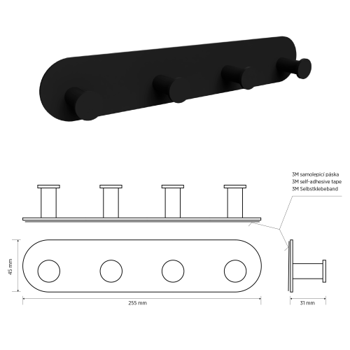 Rysunek techniczny - X-ROUND BLACK 4-haczyk samoprzylepny, czarny mat