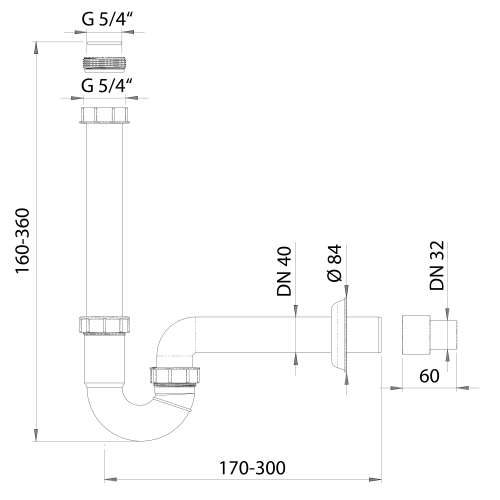 Rysunek techniczny - Syfon umywalkowy U 5/4", DN40/32, biały