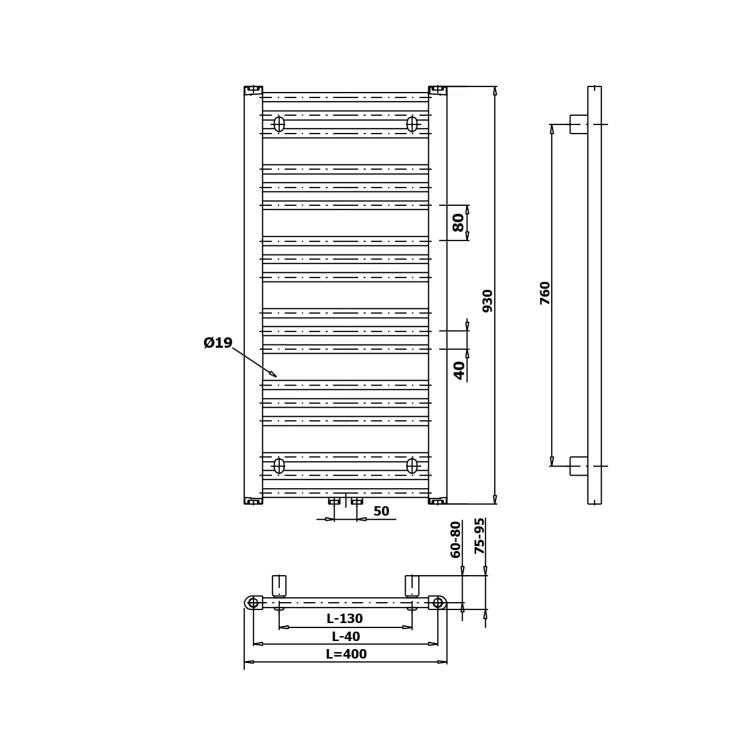Rysunek techniczny - ALBRECHT grzejnik 400x930 mm, podłączenie środkowe, czarny mat