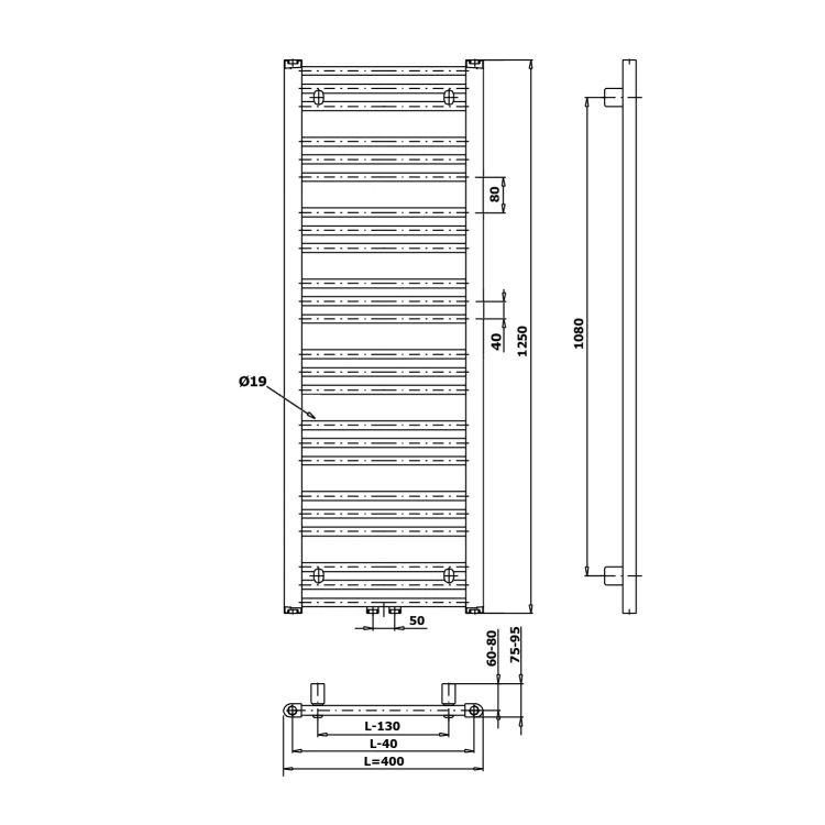 Rysunek techniczny - ALBRECHT grzejnik 400x1250 mm, podłączenie środkowe, czarny mat