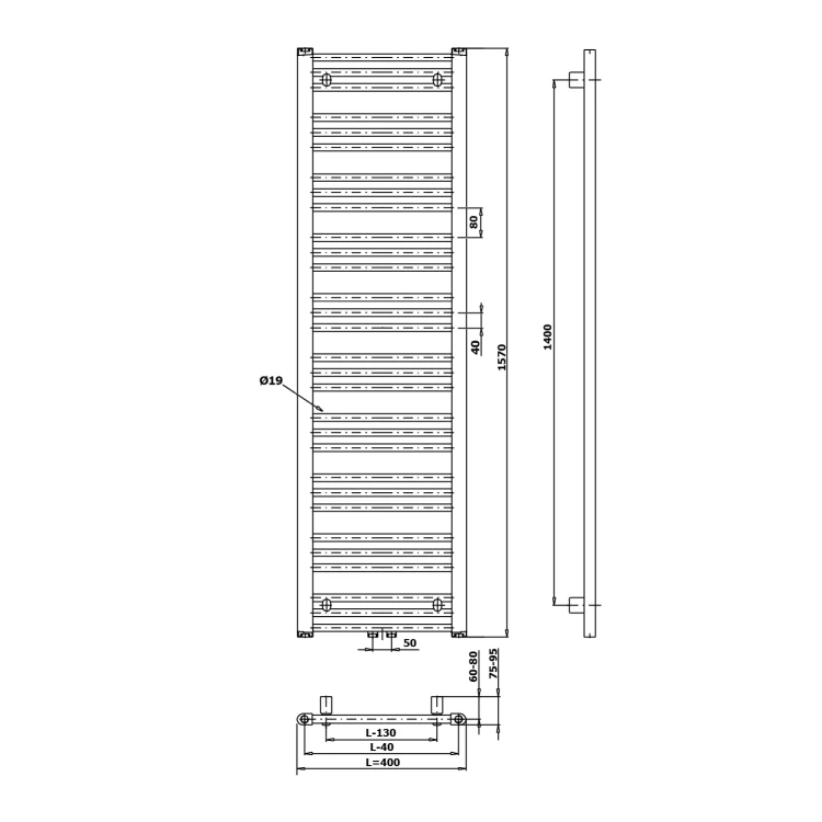 Rysunek techniczny - ALBRECHT grzejnik 400x1570 mm, podłączenie środkowe, czarny mat
