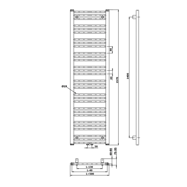 Rysunek techniczny - ALBRECHT grzejnik 500x1570 mm, podłączenie środkowe, czarny mat