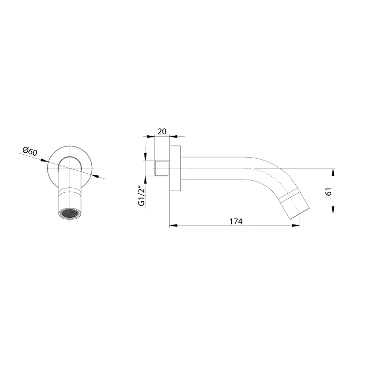 Rysunek techniczny - Wylewka ścienna 174 mm, chrom
