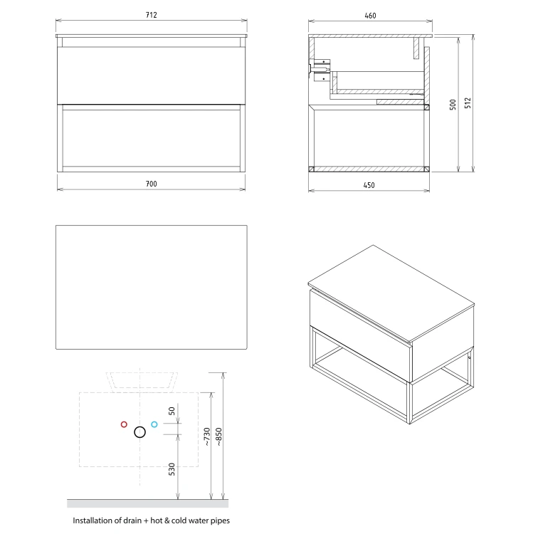 Rysunek techniczny - SKARA szafka pod umywalkę 70x50x45cm, czarny mat/dąb alabama