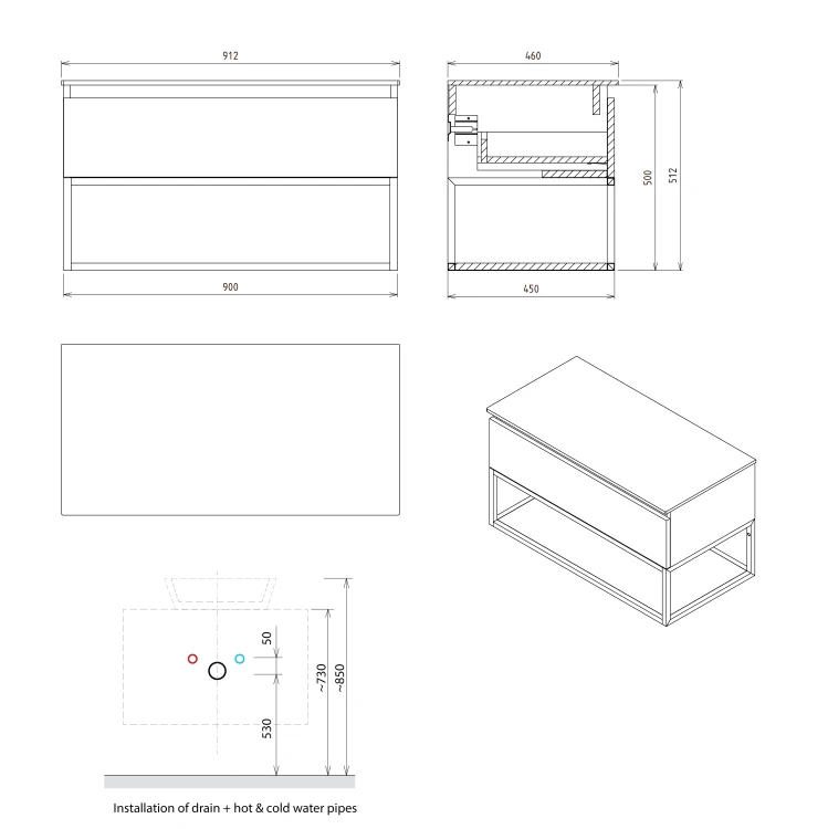Rysunek techniczny - SKARA szafka pod umywalkę 90x50x45cm, czarny mat/dąb alabama