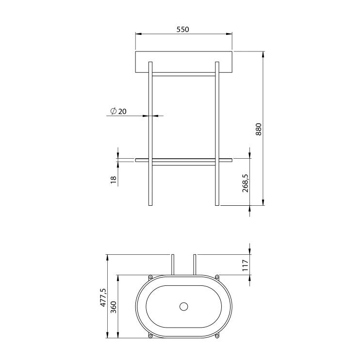 Rysunek techniczny - PUNO konsola z umywalką 550x860x360mm, czarny