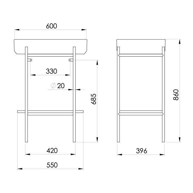 Rysunek techniczny - PUNO konsola z umywalką 600x860x396mm, złoty mat
