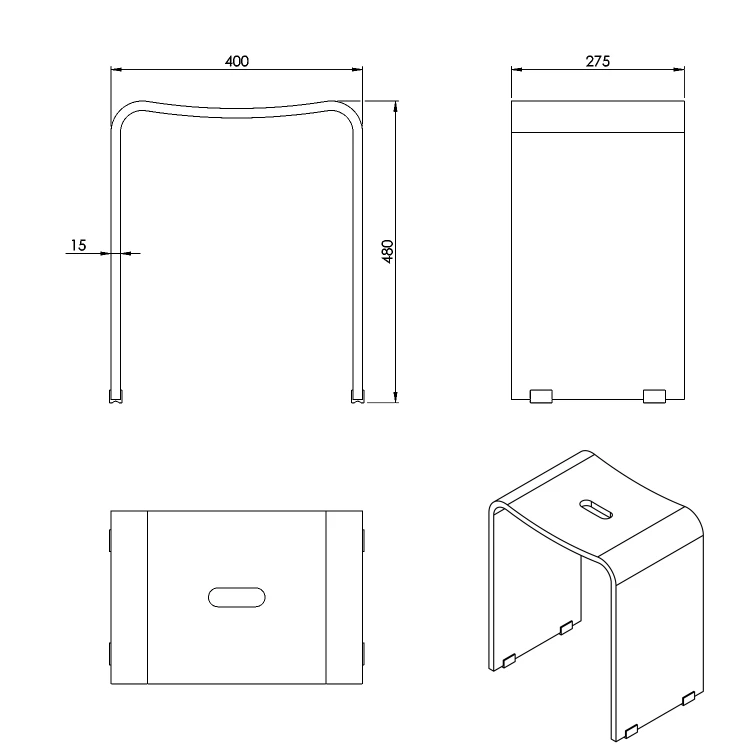 Rysunek techniczny - TRENDY taboret łazienkowy 40x48x27,5cm, przezroczysty