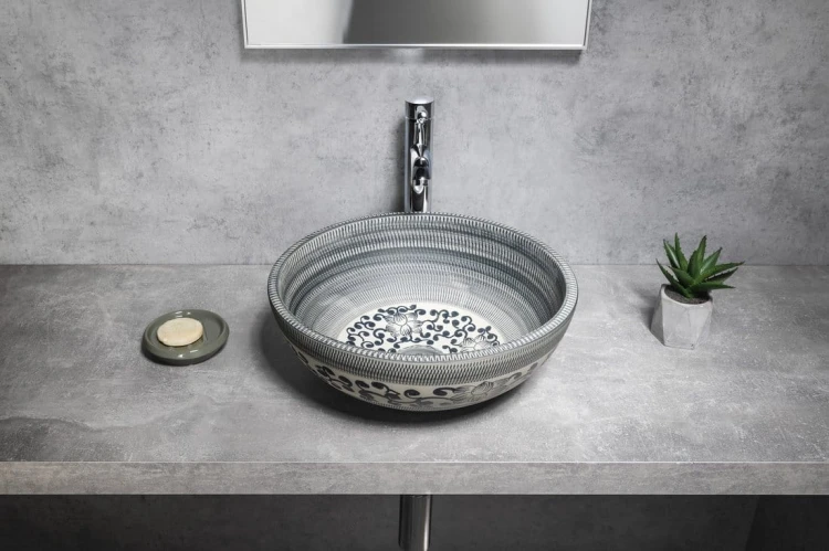 PRIORI umywalka ceramiczna nablatowa Ø 41 cm, niebieski ze wzorem #2