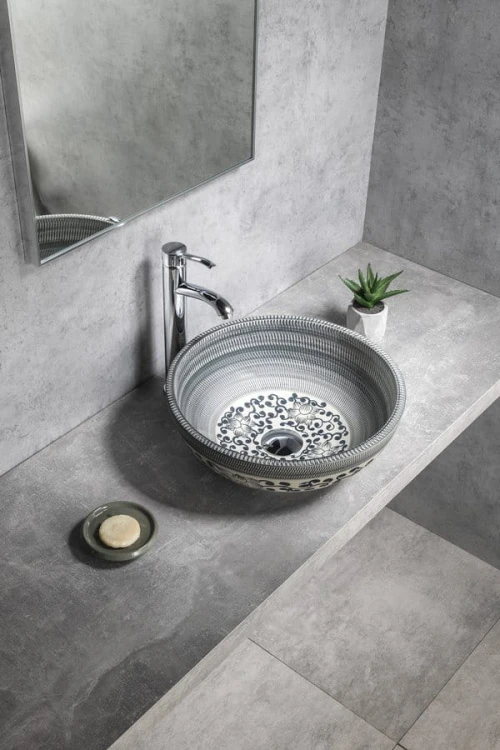 PRIORI umywalka ceramiczna nablatowa Ø 41 cm, niebieski ze wzorem #3