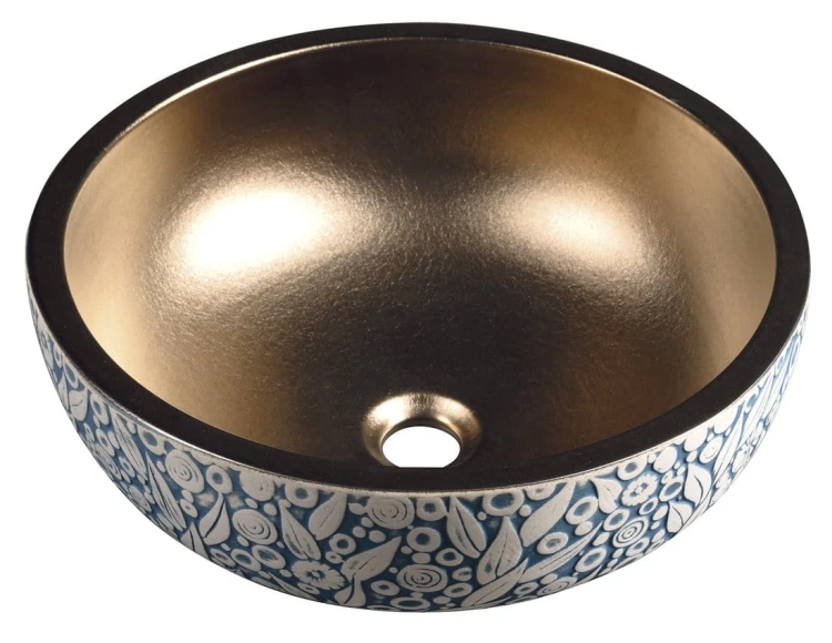 PRIORI umywalka ceramiczna nablatowa Ø 41 cm, miedź/niebieski ze wzorem
