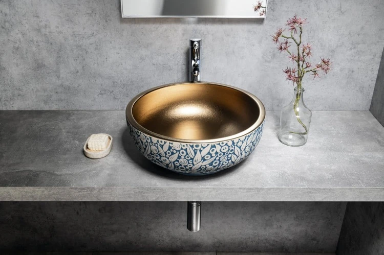 PRIORI umywalka ceramiczna nablatowa Ø 41 cm, miedź/niebieski ze wzorem #2