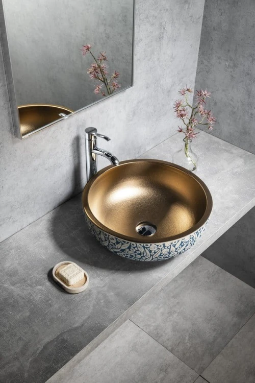 PRIORI umywalka ceramiczna nablatowa Ø 41 cm, miedź/niebieski ze wzorem #3