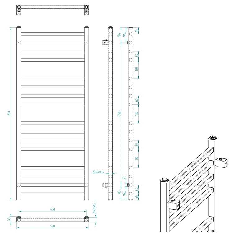 Rysunek techniczny - METRO grzejnik łazienkowy 500x1200 mm, czarny mat