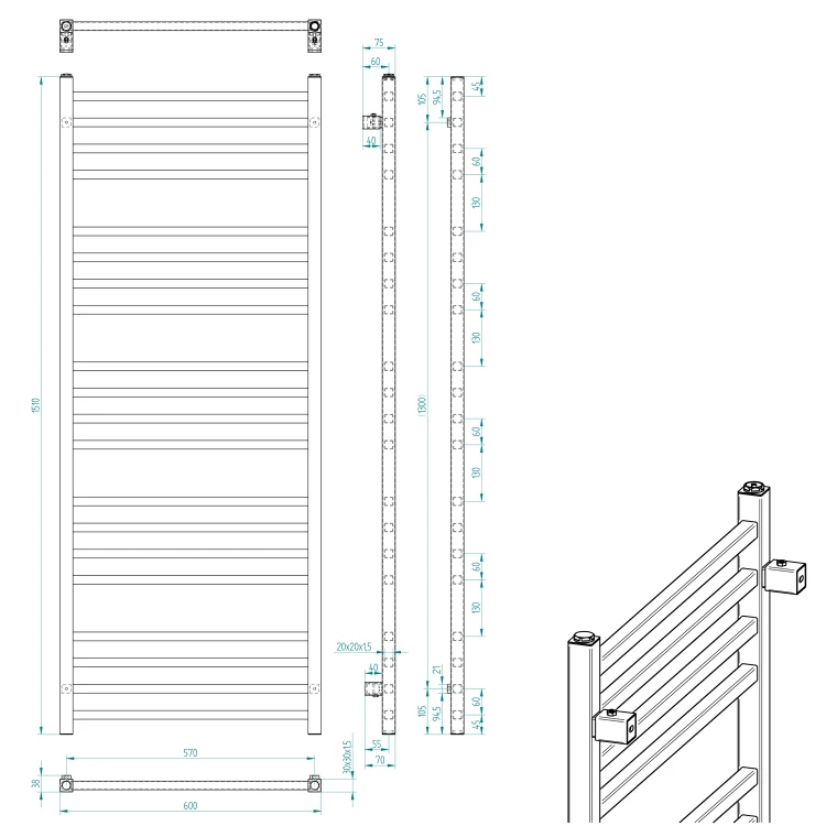 Rysunek techniczny - METRO grzejnik łazienkowy 600x1510 mm, czarny mat