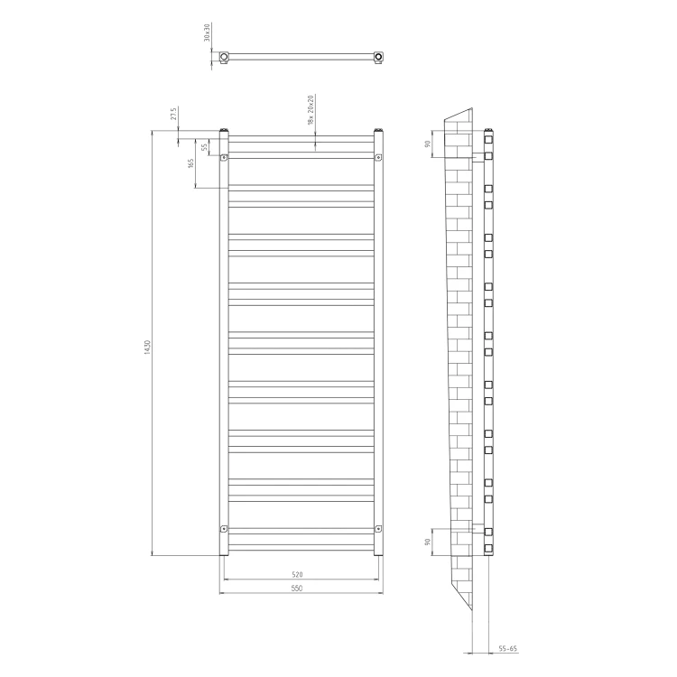 Rysunek techniczny - METRO DOS grzejnik łazienkowy 550x1430 mm, czarny mat