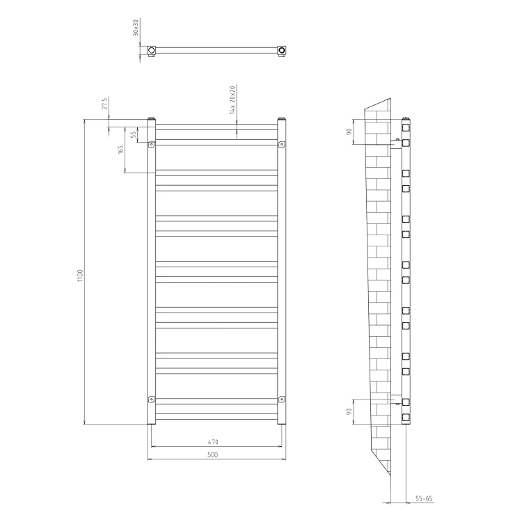 Rysunek techniczny - METRO DOS grzejnik łazienkowy 500x1100 mm, czarny mat