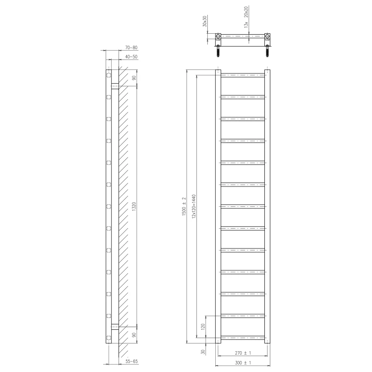 Rysunek techniczny - METRO LIGHT grzejnik łazienkowy 300x1500 mm, czarny mat