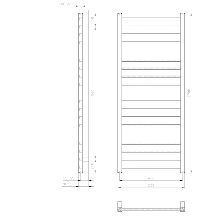 Rysunek techniczny - METRO grzejnik łazienkowy 500x1200 mm, biały