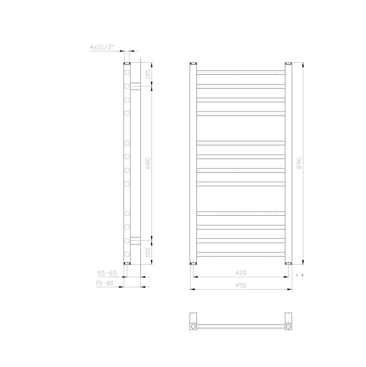 Rysunek techniczny - METRO grzejnik łazienkowy 450x890 mm, biała