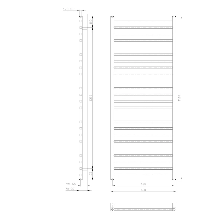Rysunek techniczny - METRO grzejnik łazienkowy 600x1510 mm, biały
